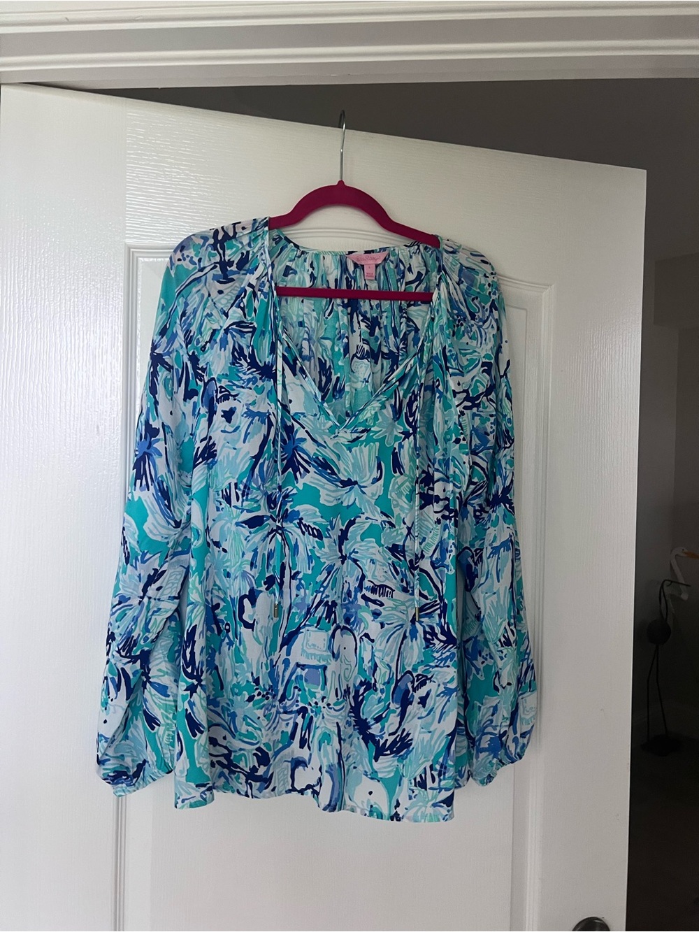 Lilly Pulitzer Aqua & Navy Blue Floral Print Blouse